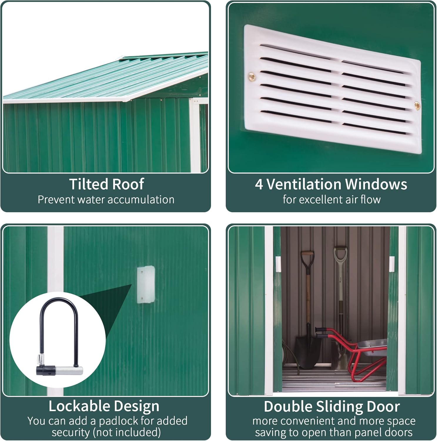 Outsunny Abri de Jardin en métal 2,77 m² cabane de Jardin 213 x 130 x 185 cm cabanon Rangement Outils avec kit de Fondation, Porte coulissante verrouillables et 4 aérations - Vert