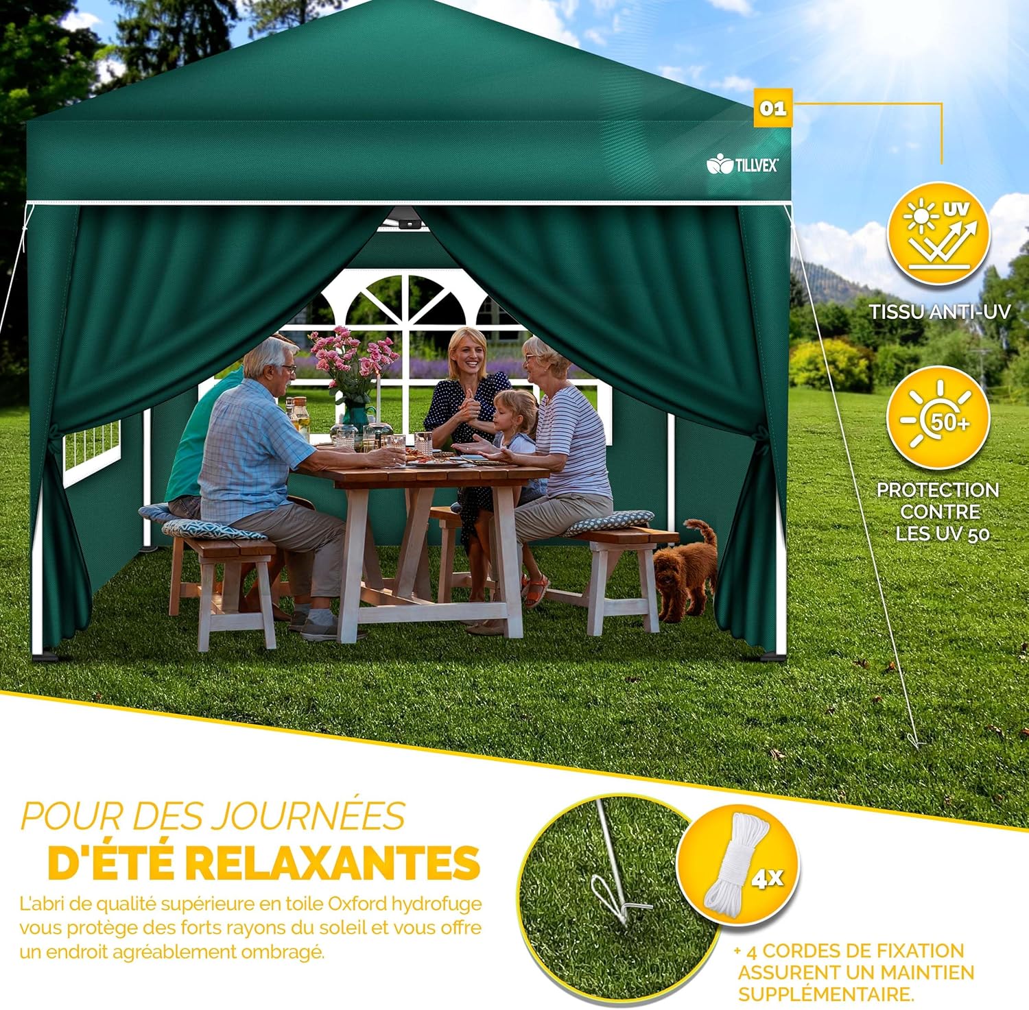 tillvex - tonnelle pliante 3x3m - hauteur réglable, 4 côtés, UV50+