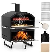 GOPLUS Four à Pizza Extérieur 40CM, Fabricant de Pizza à Bois à 2 Niveaux avec Pierre, Pelle & Gr...