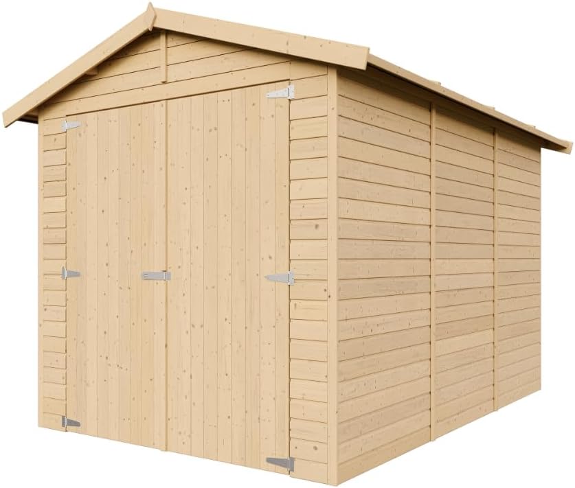 Garage de Jardin Bois Naturel - Abri de Jardin - Chalet en Pin/épicéa - H222x244x320 cm/ 6 m² - Construction de Panneaux- Rangement pour vélos, Remise à Outils - TIMBELA M105