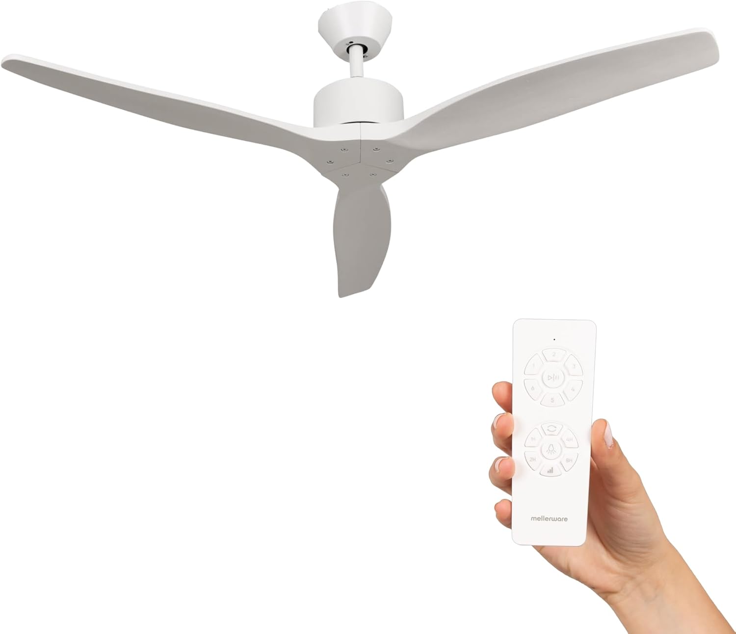 Mellerware - Ventilateur de plafond avec télécommande Brizy! 45W | Puissant | Ultra silencieux | 3 lames | Diamètre 132cm | 6 vitesses | Refroidissement + LED intégrée | Blanc