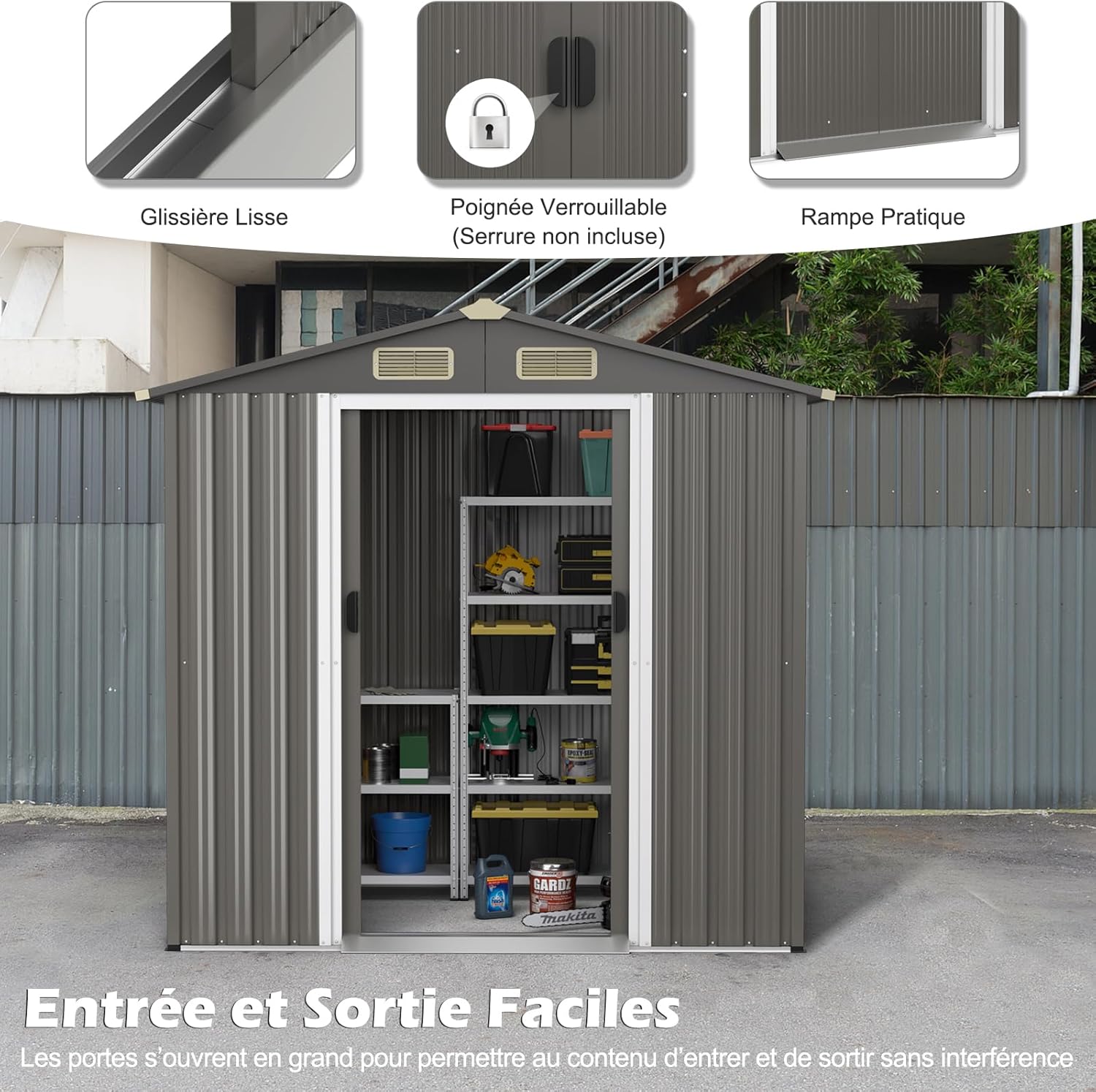 RELAX4LIFE - abri de jardin métal - 182x129x186cm - double porte, toit appenti, volets - 3,6M3-2,2M2