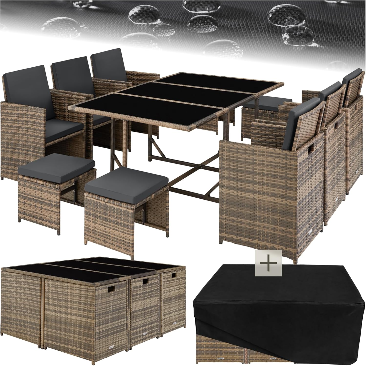tectake - salon de jardin poly rotin 10 pers., housse, entretien facile