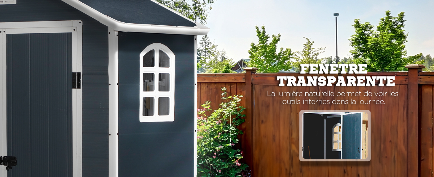 Deux structures extérieures : un cabanon bleu foncé avec une fenêtre encadrée de blanc et une structure en bois avec le texte « FENETRE TRANSPARENTE » (fenêtre transparente)