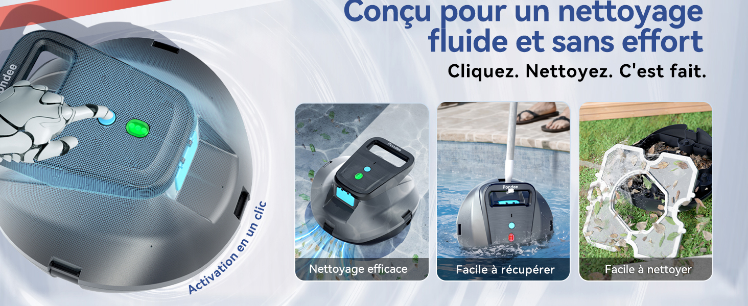 Le texte se lit comme suit : « Conçu pour un nettoyage fluide et sans effort. Click. Nettoyez. C'est fait. » Série d'images de produits montrant le dispositif de nettoyage avec les étapes d'instructions.