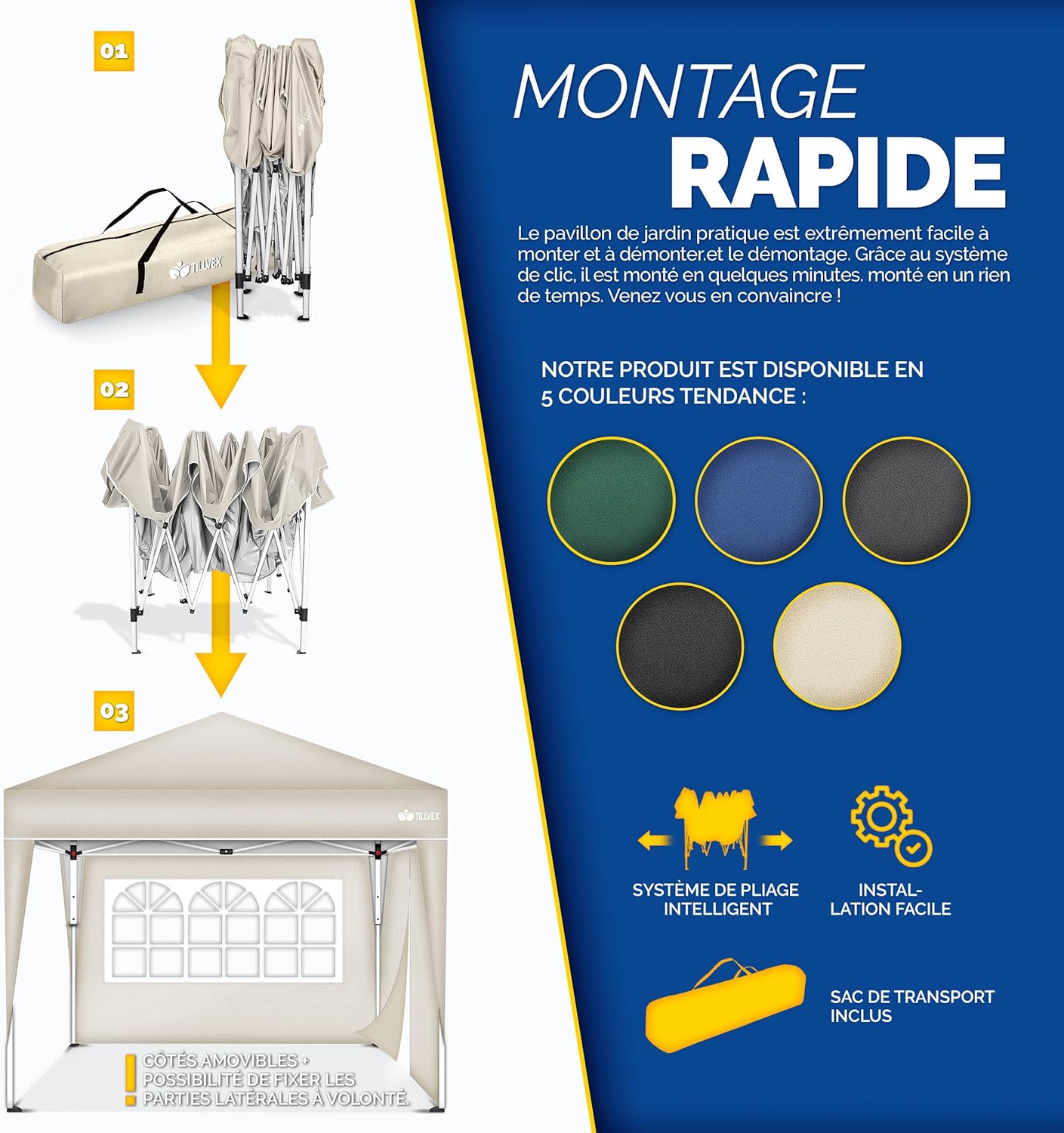 tillvex - Tonnelle de jardin pliante - 3x3m - 2 côtés, hauteur réglable, UV50+, sac inclus