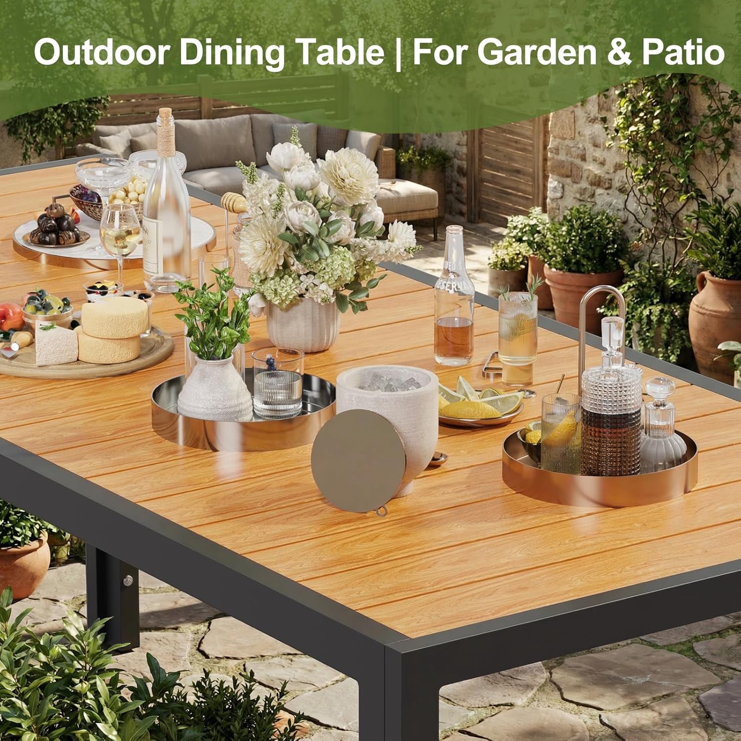 JUMMICO - Table jardin aluminium aspect bois 189x80cm, 6-8 pers, teck