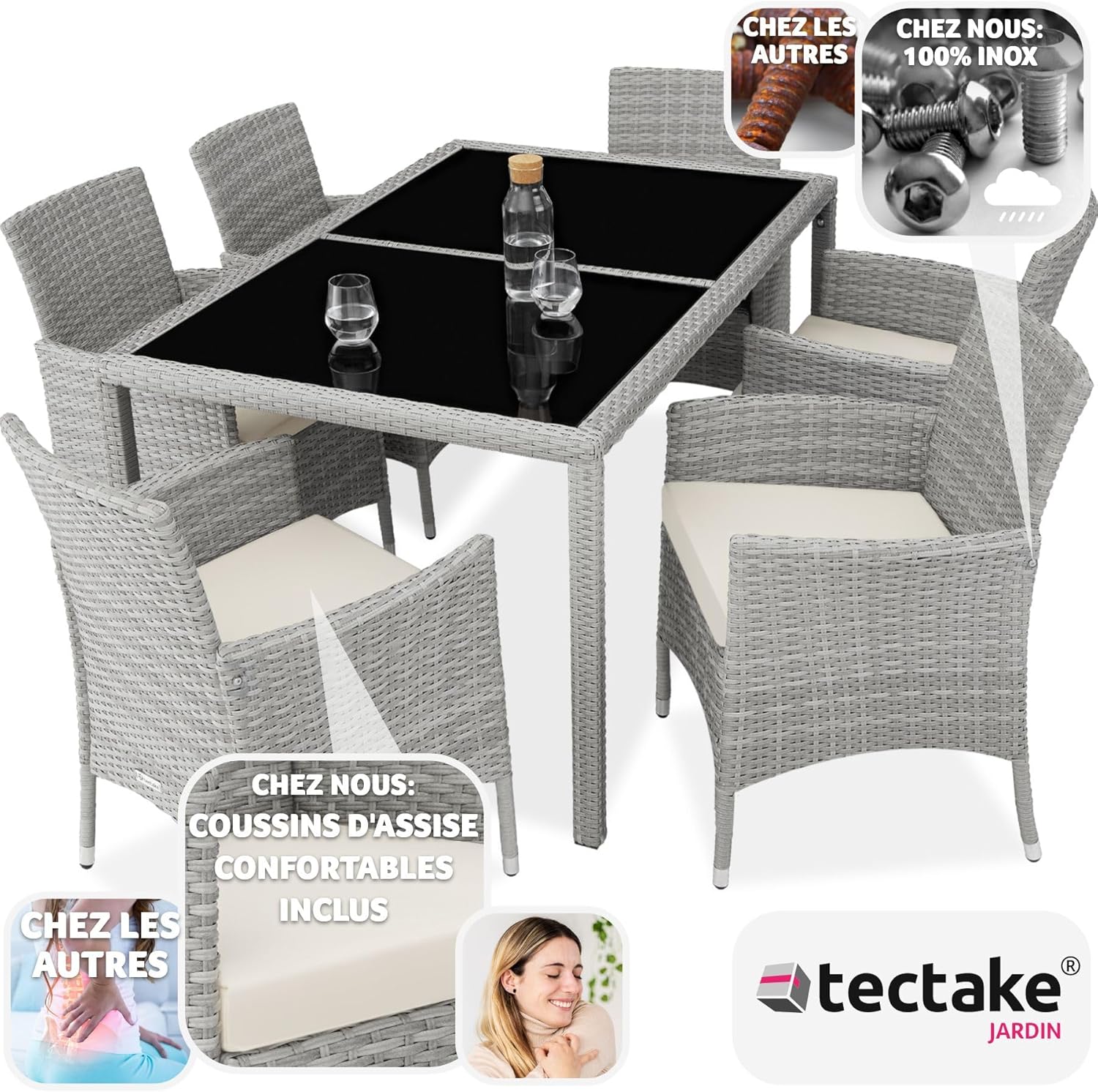 tectake - Salon jardin poly rotin, table et 6 chaises, UV, gris clair/crème