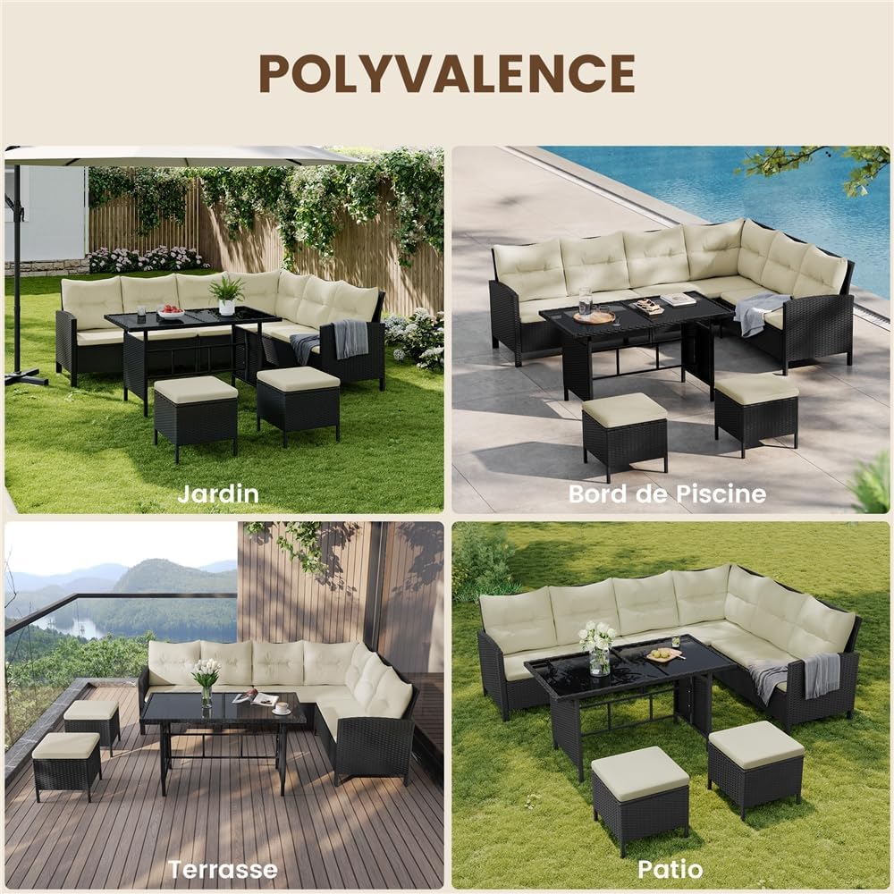 Yaheetech - Ensemble Salon 4 pièces polyrotin, canapé, table, ottomans, extérieur, noir/beige
