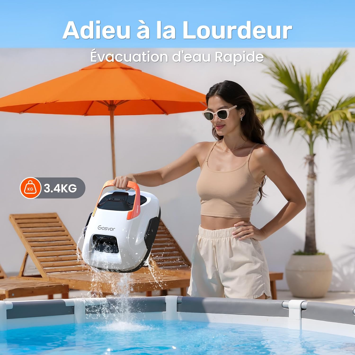 Gosvor - Robot piscine sans fil, 90 min d’autonomie, 80m², retour auto