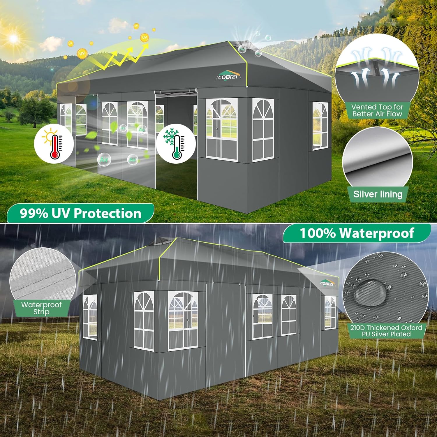 COBIZI - Tonnelle pliante série Pop up - 3x6m - imperméable, ventilation, anti-UV