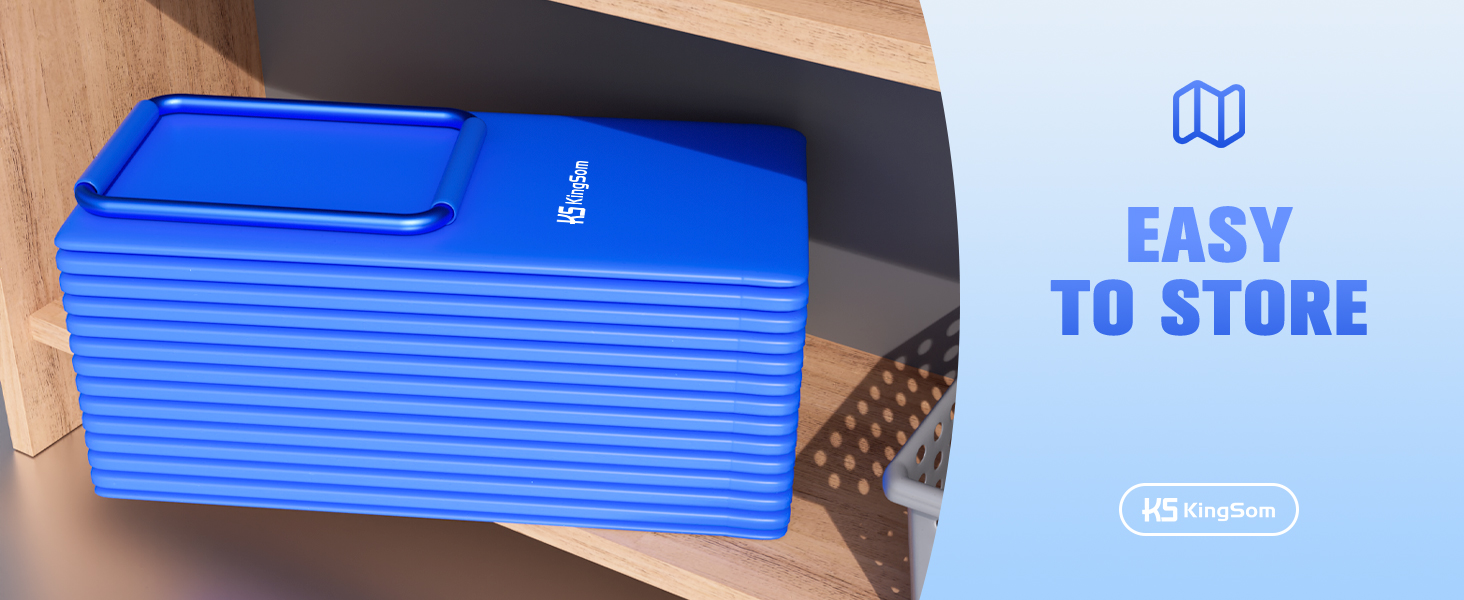 Appareil rectangulaire bleu avec arêtes horizontales et surface supérieure lisse. Le texte indique qu'il est facile à ranger. Le design compact suggère une fonctionnalité portable.