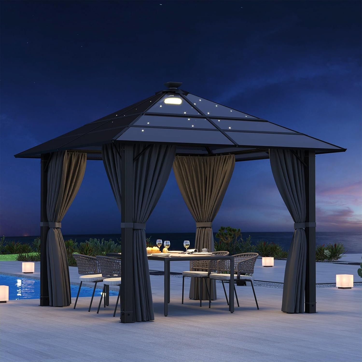 Devoko - Tonnelle de jardin - 3x3m - aluminium, toit fixe, LED, imperméable
