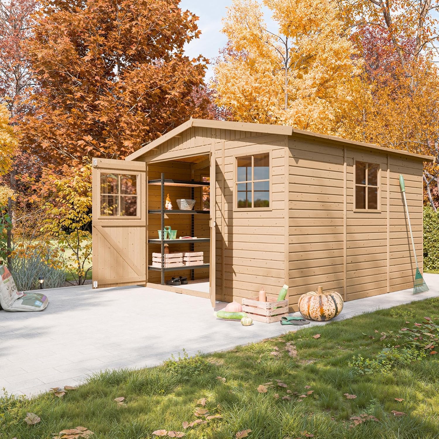 Abri de Jardin en Bois Naturel - Stockage extérieur avec fenêtres- H226x316x324 cm/9 m² Hangar en Bois Naturel - Atelier Rangement Outils et vélos- TIMBELA M335