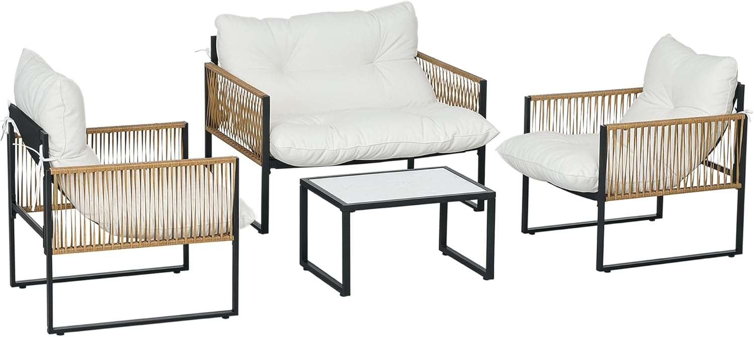 Outsunny - salon de jardin 4 pièces canapé, fauteuils, table, coussins - acier/résine, crème