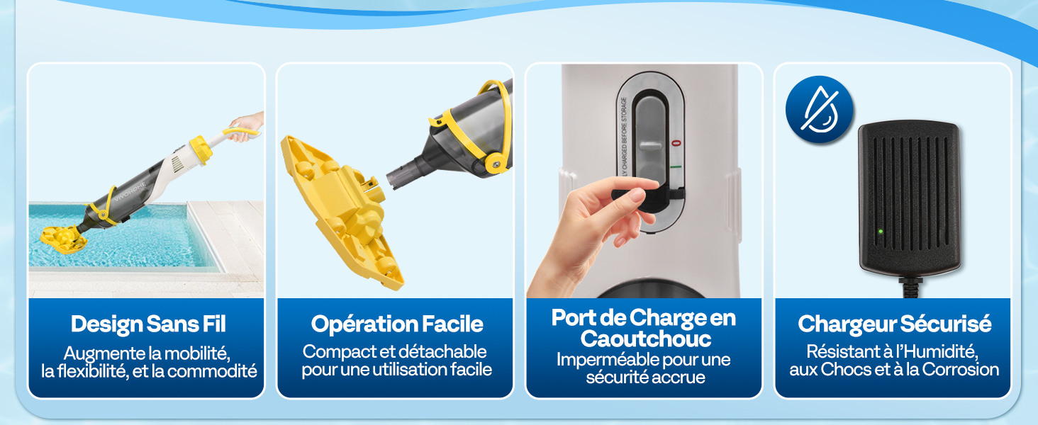 Texte en français : « Design Sans Fil », « Opération Facile », « Port de Charge en Caoutchouc », « Chargeur Sécurité ». Panneau des caractéristiques du produit bordé de bleu montrant la conception sans fil, la facilité d'utilisation, le port de chargement en caoutchouc et les icônes du chargeur de sécurité.
