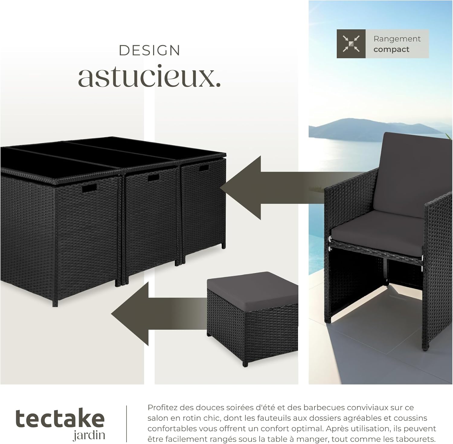 tectake - Salon de jardin Poly Rotin 10 personnes aluminium 2 housses, dimensions généreuses, noir