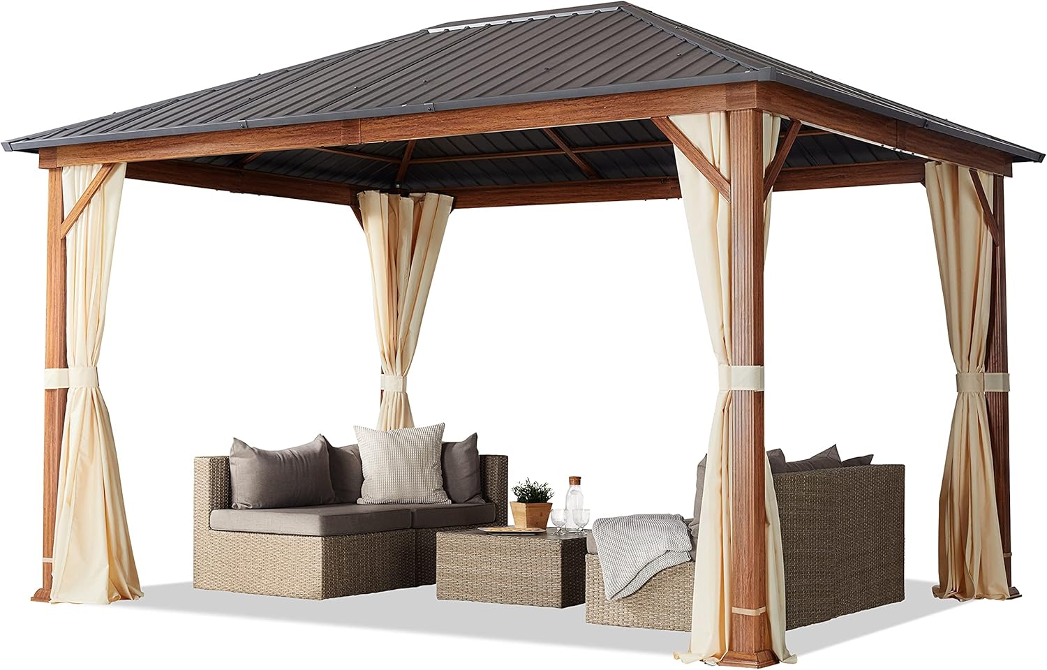 TOOLPORT - tonnelle de jardin série aspect bois 3x4m toit acier, 4 parois, champagne