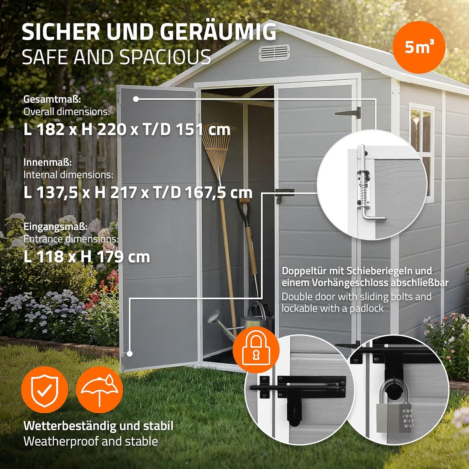ECD Germany - abri de jardin résine, 151x182x220 cm, double porte, fenêtre, 5m³