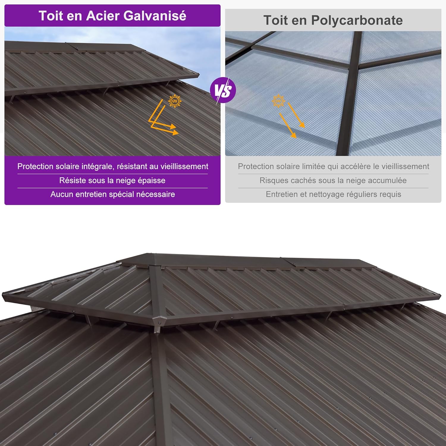 PURPLE LEAF - pergola double toit rigide 6x3,65m, aluminium, guirlande, rideaux