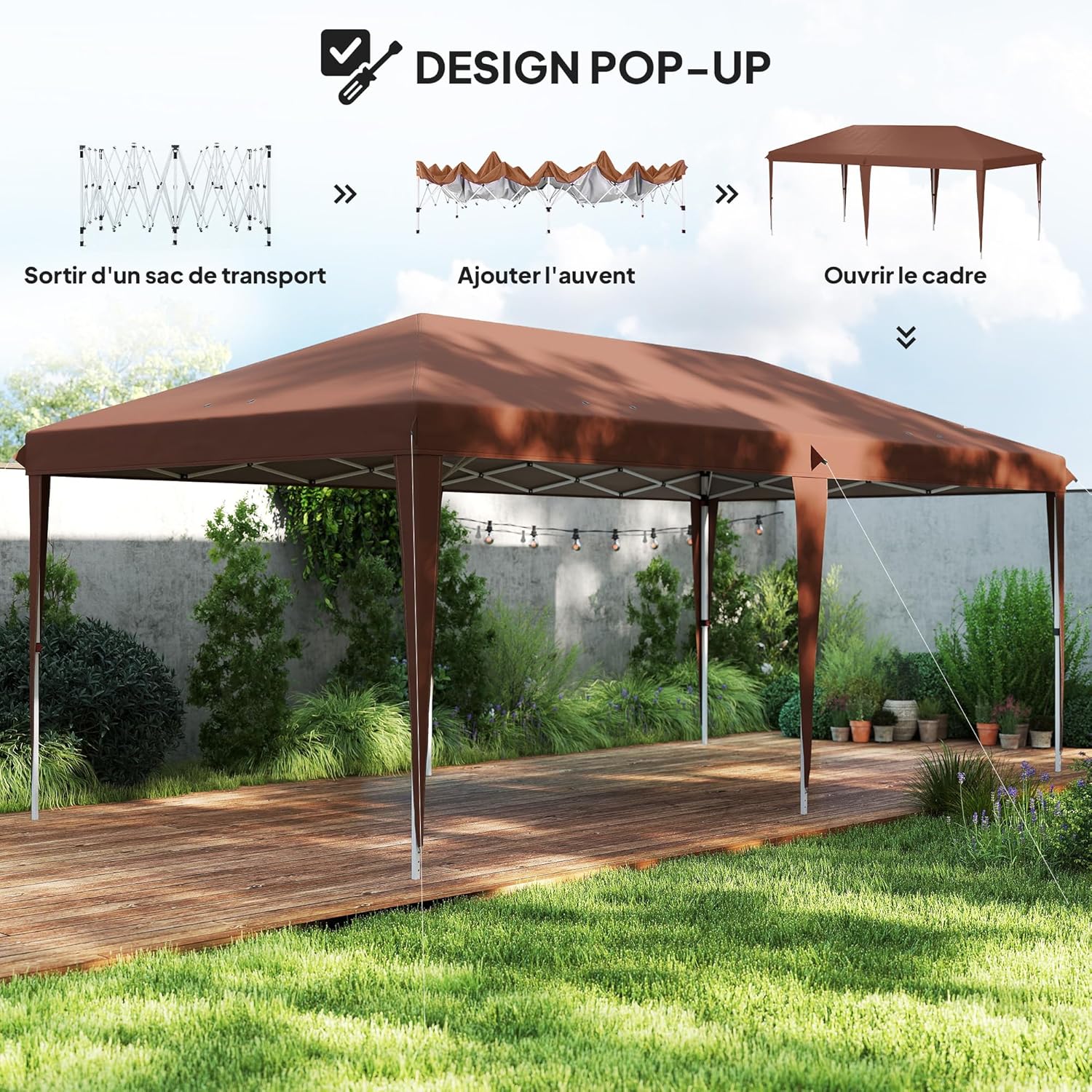Outsunny - Tonnelle Pliante Série Pop-up - 3x6m - Acier époxy, Oxford haute densité, marron