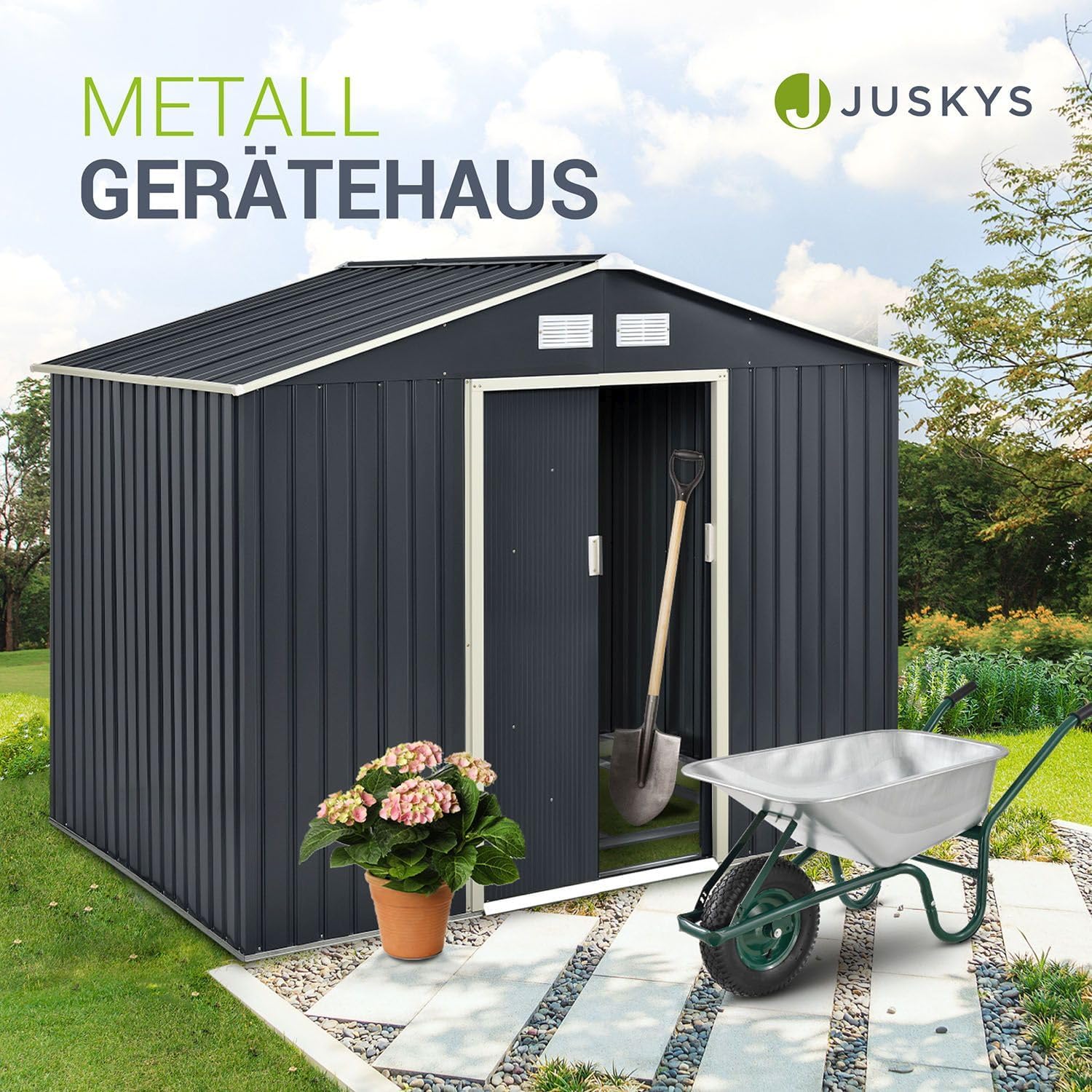 Juskys - Abri à Outils XL - 277x191x192cm - métal, porte coulissante, toit incliné