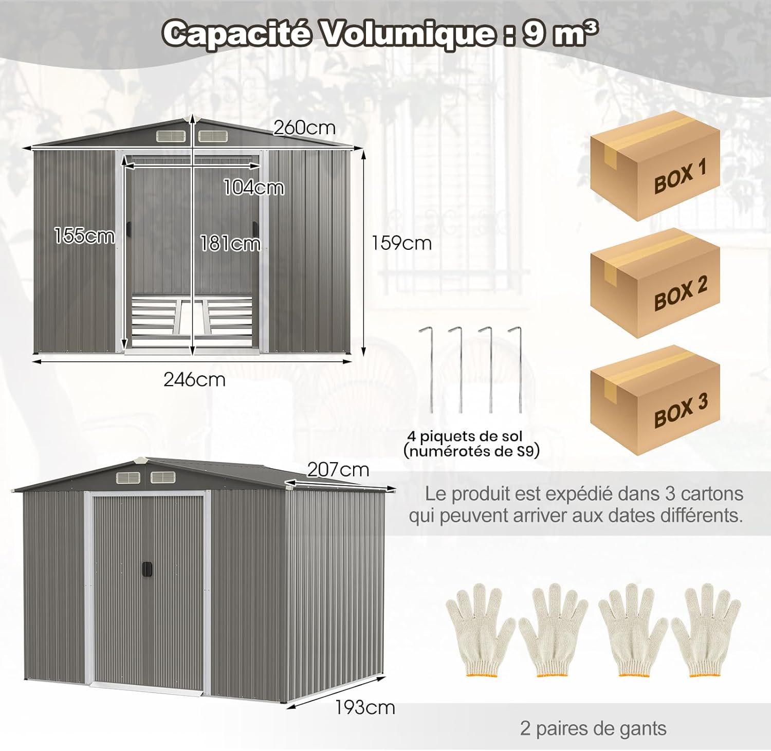 COSTWAY Abri de Jardin 4.7㎡en Acier Galvanisé Anti-UV, 260 x 207 x 181 CM, Cabane de Jardin Exterieur 9.7 m³ avec Fondation et Porte Coulissante, Rampe, 4 Trous d’Aération, 4 Gants Inclus, Gris Foncé