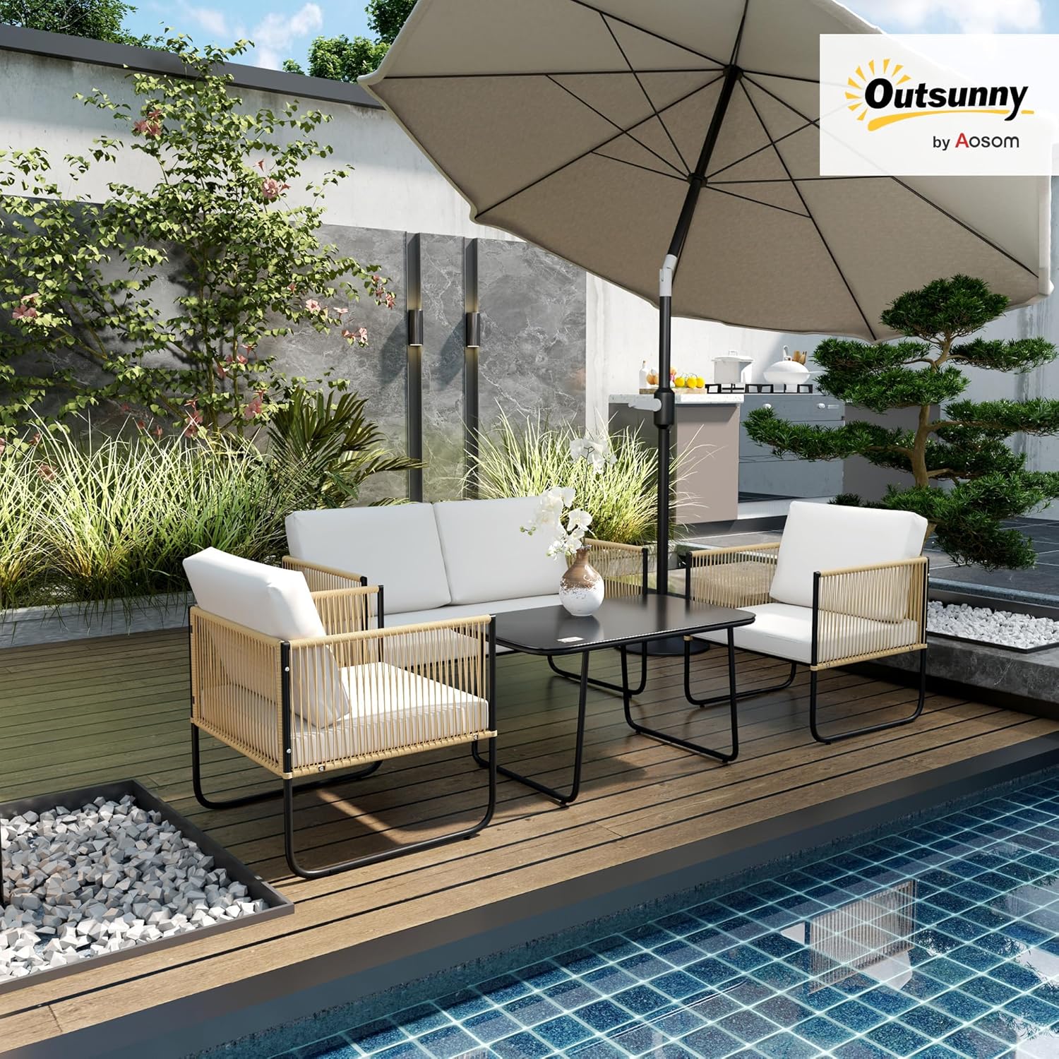 Outsunny - salon de jardin 4 places, résine tressée crème, coussins déhoussables, table verre