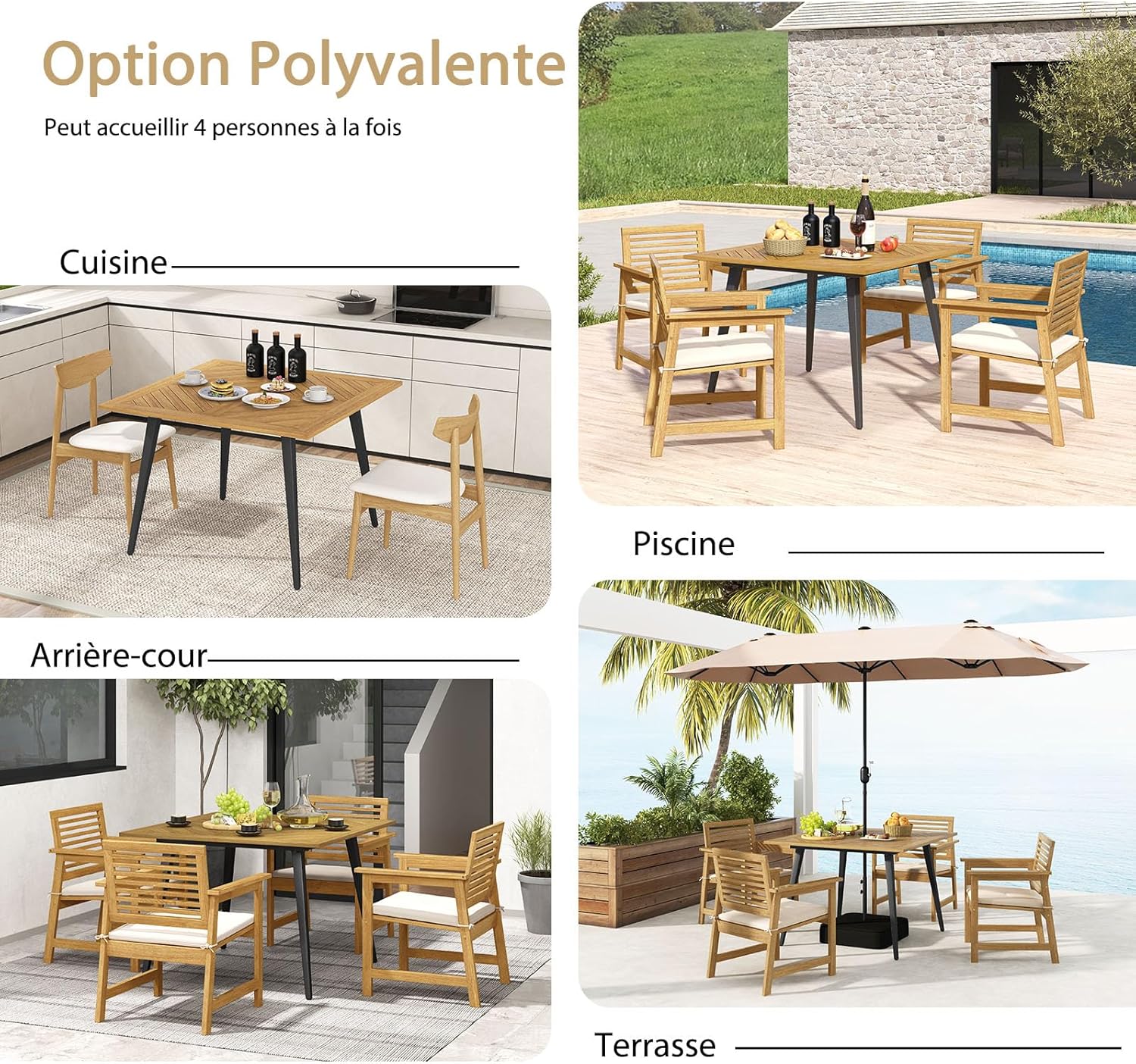 COSTWAY - Table jardin carrée - 107x107 cm - bois acacia, trou parasol