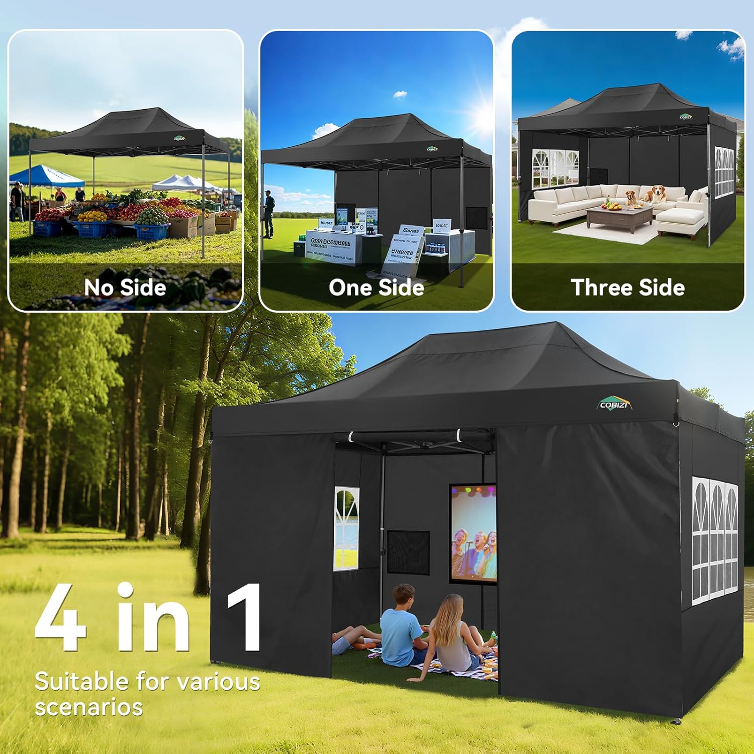 COBIZI - tonnelle pliante série - 3x4.5m - étanche, UV50+, stable, panneaux latéraux