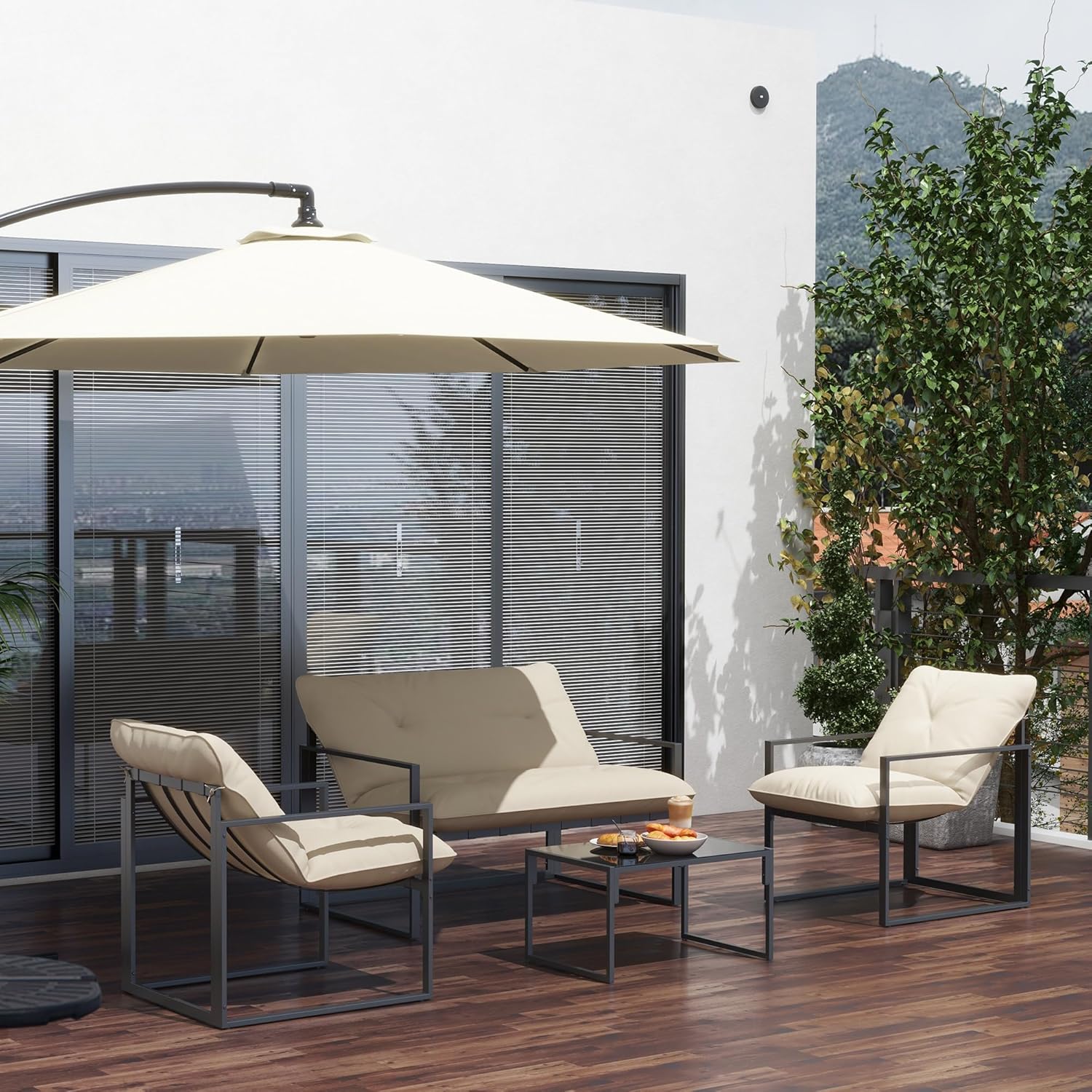 Outsunny - Salon de jardin 4p avec coussins 15cm - acier noir, canapé 2 places, table basse, fauteuils