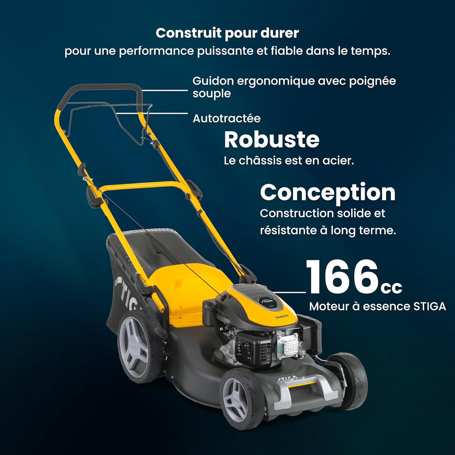 STIGA - Combi 53 S - 51 cm - tondeuse thermique 166 cc, bac 60L, 3-en-1