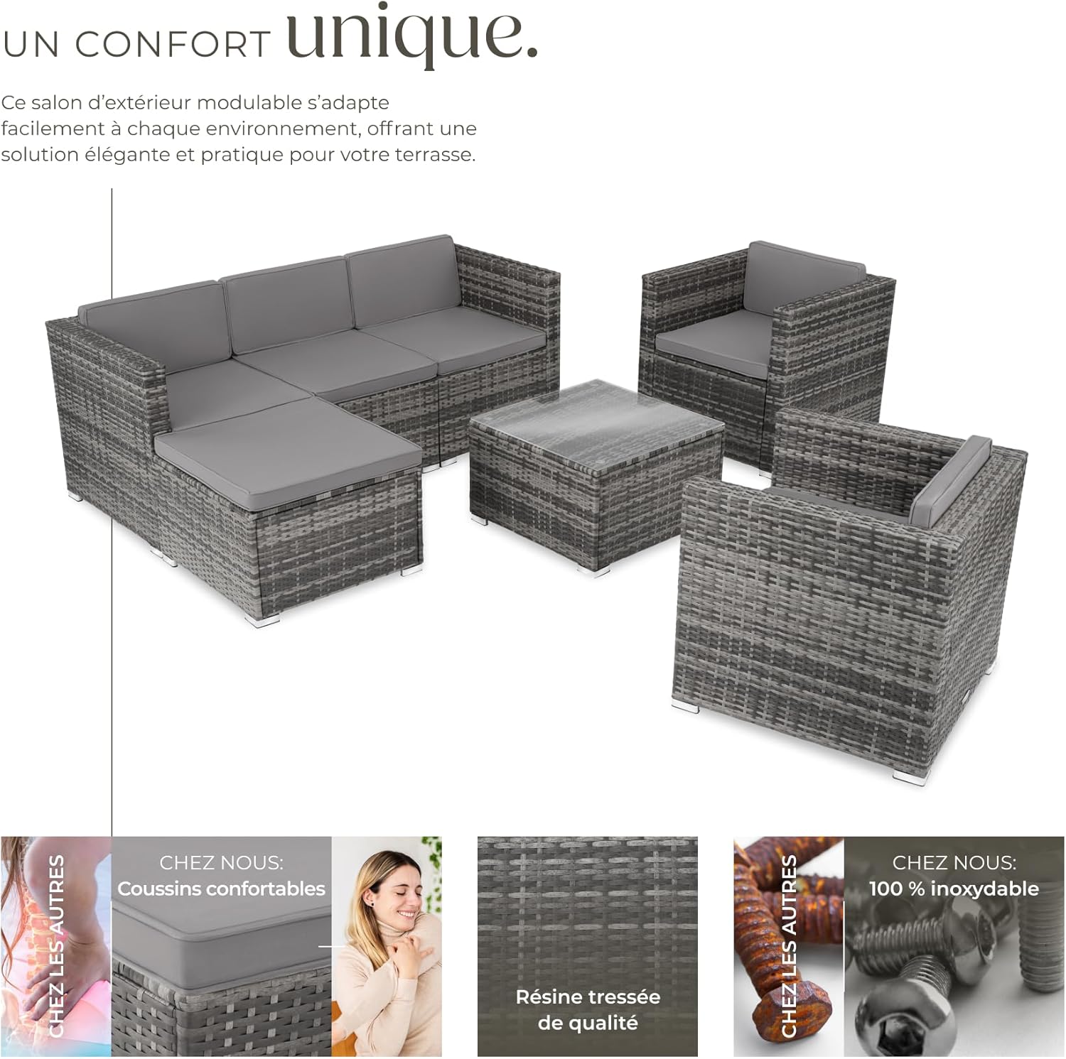 tectake - Salon de jardin modulable 7 places, poly rotin, coussins inclus