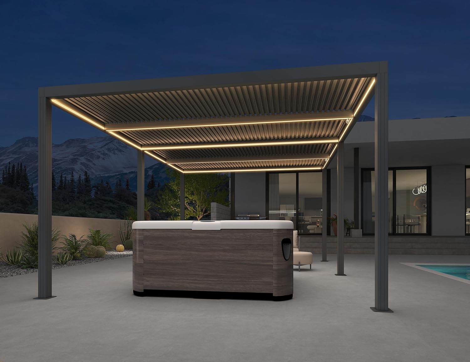 PURPLE LEAF - Pergola bioclimatique - 6 x 3,68 m - alu, LED, gouttières, gris