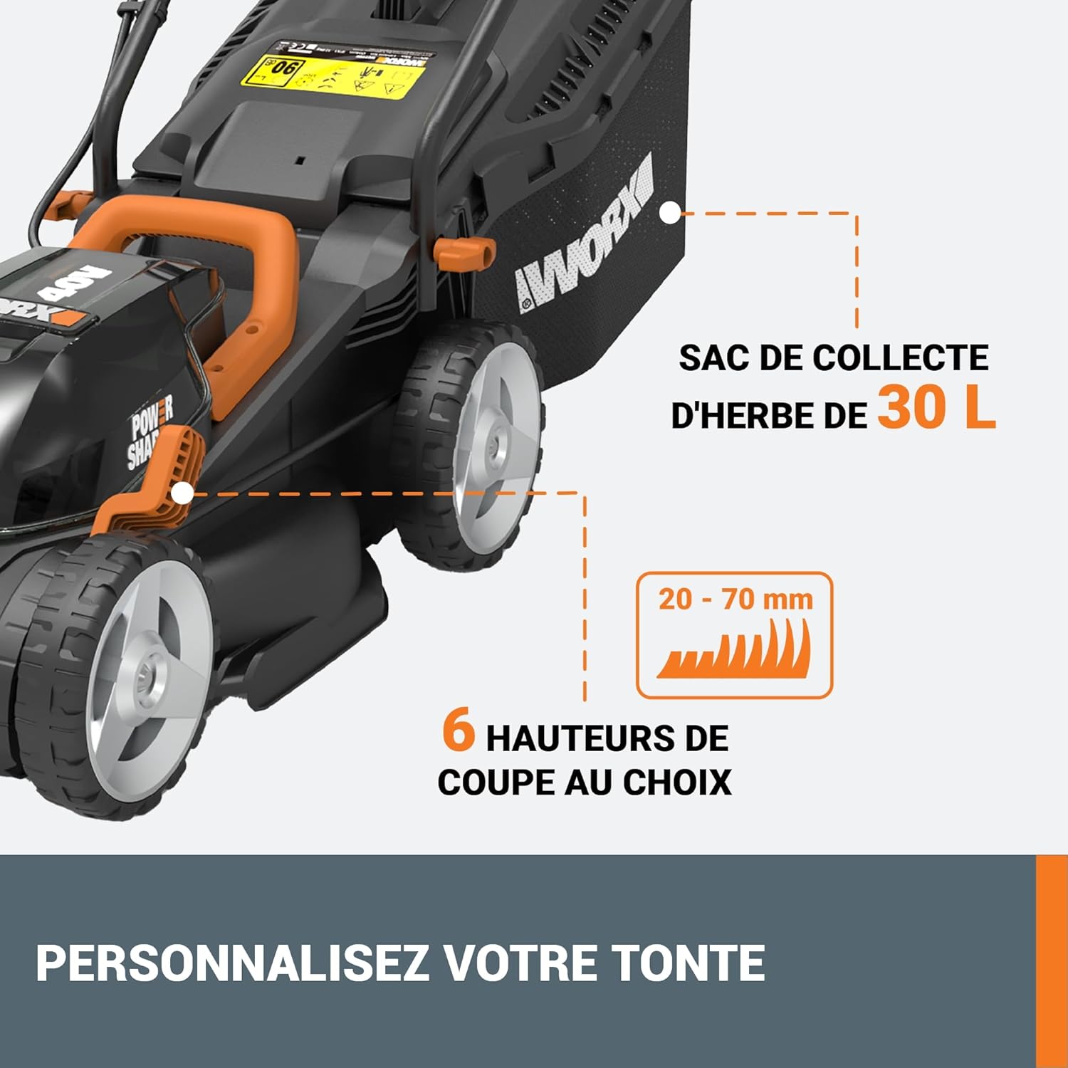 WORX - tondeuse sans fil 34 cm, 40V, 230m², 6 hauteurs, légère WG779E.1