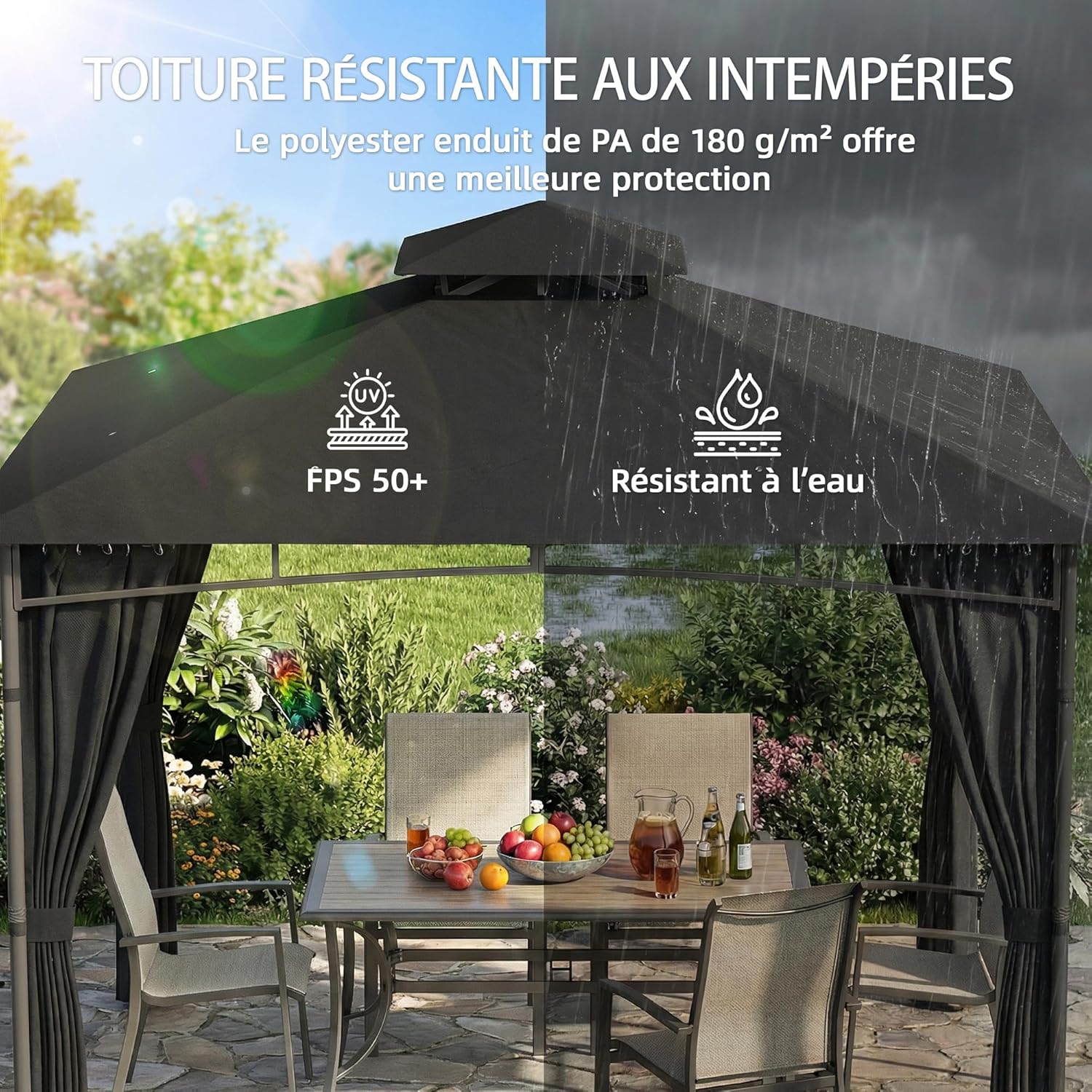 Outsunny - Pavillon Jardin Série 3x3m, toit rétractable, UV50+, Ø48mm