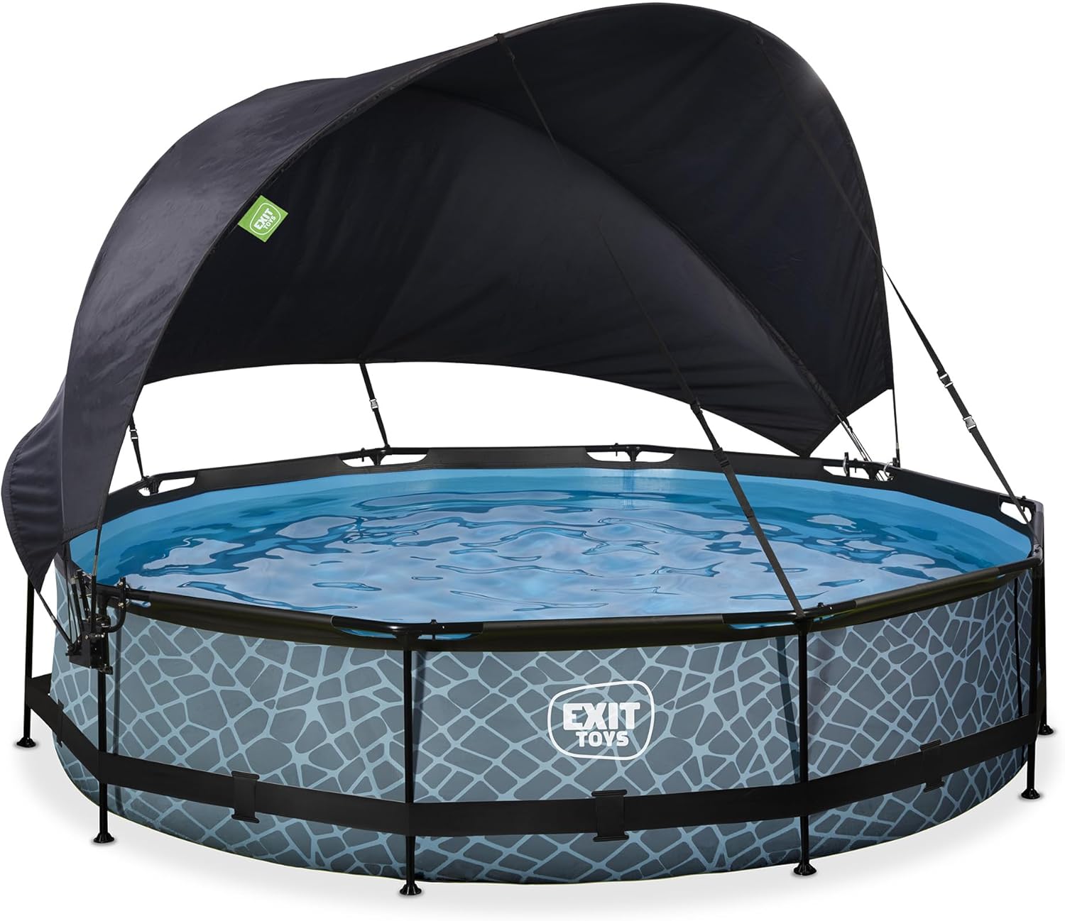 EXIT Toys Piscine Stone avec Voile d'Ombrage - ø360x76cm - Piscine Hors Sol Ronde avec Pompe Filtrante à Cartouche - Protection Optimale Contre Les Rayons UV - Entrée Basse - Design Unique - Gris