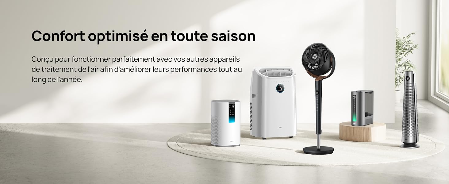 Le texte indique « Confort optimisé en toute saison ». Affichage de produits de climatisation domestique, y compris un purificateur d'air, un ventilateur et d'autres appareils blancs dans un cadre intérieur moderne.