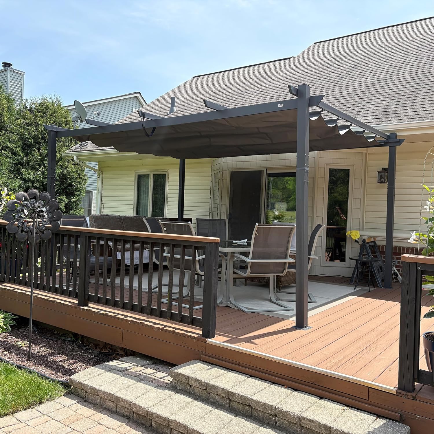 PURPLE LEAF - Pergola aluminium - 4,8x3,5m - toit coulissant, tissu teint en fil, gris