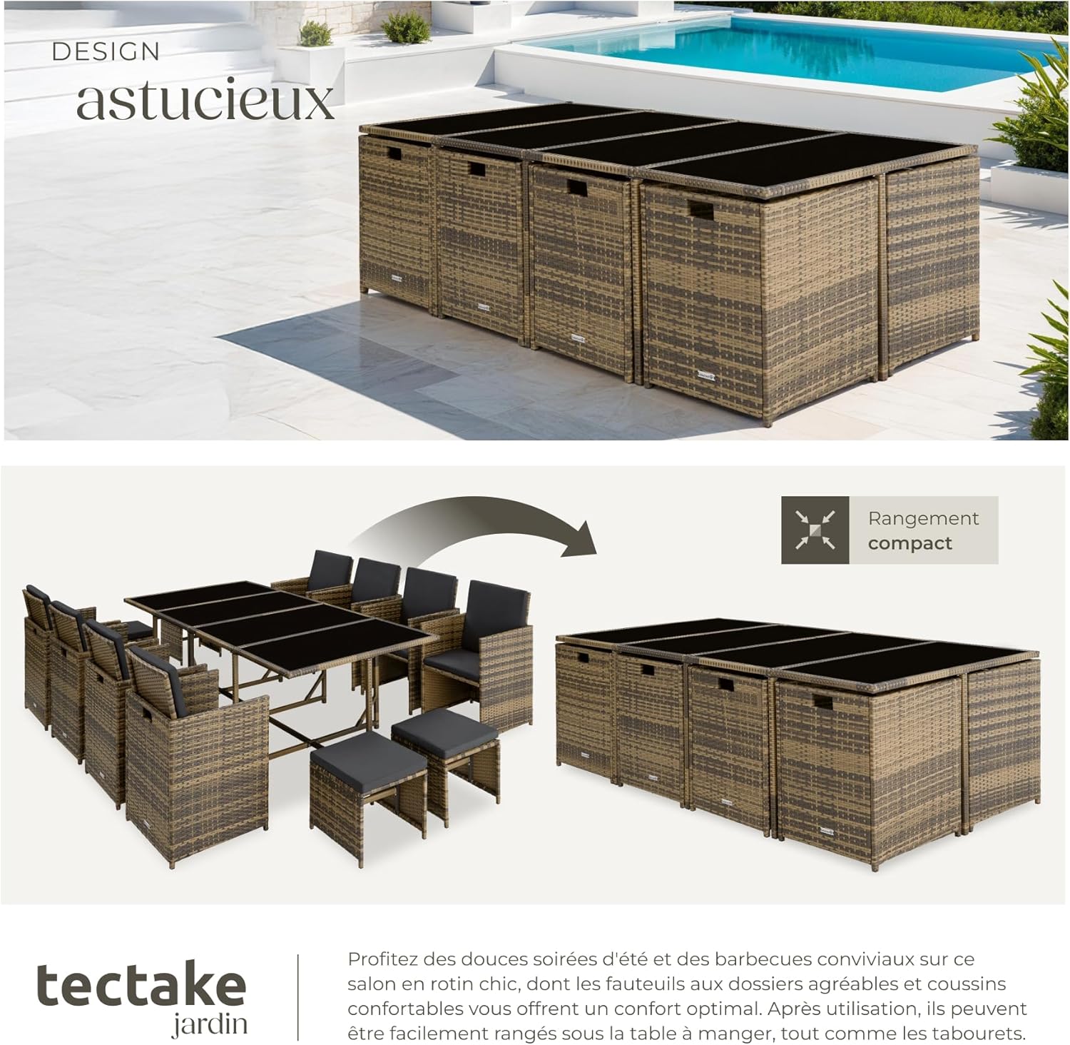 tectake - Salon en résine tressée 8 chaises, table, tabourets, pour jardin, balcon, terrasse - ensemble repas extérieur