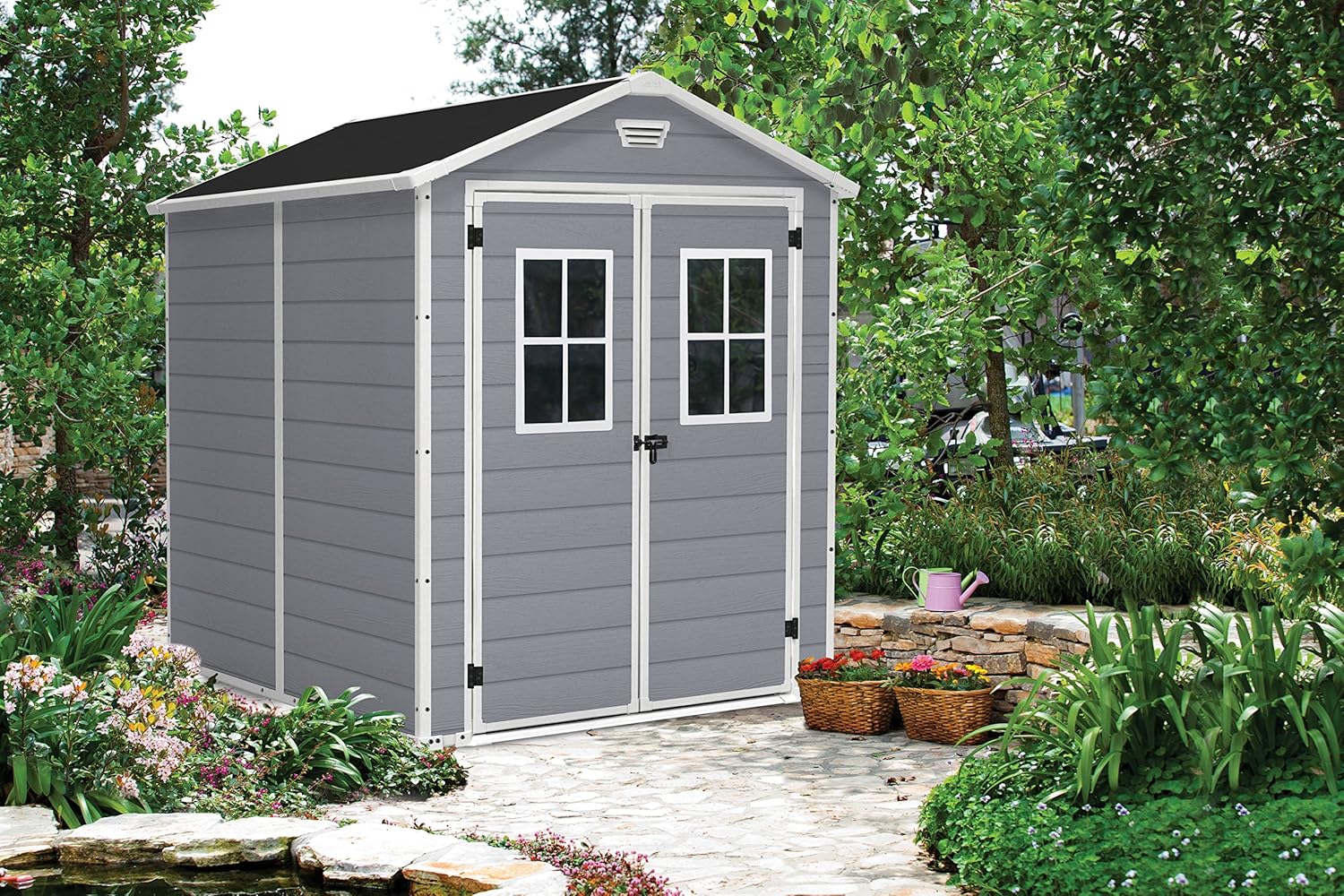 Keter - abri de jardin Premium - 186x237x227 cm, résine gris, double porte, fenêtres - 12-929579