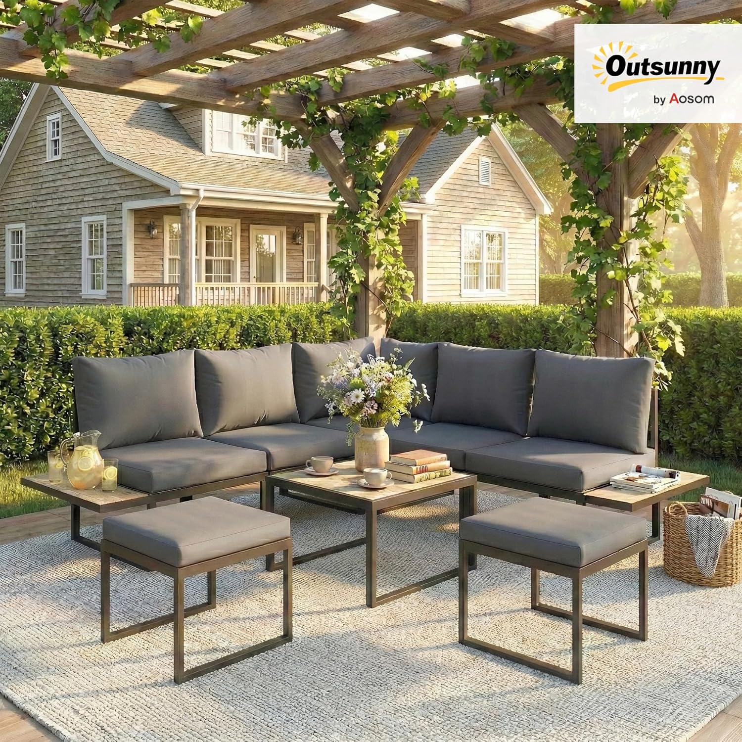 Outsunny - salon de jardin modulable 6 pers. - coussins 10cm, table PSPC
