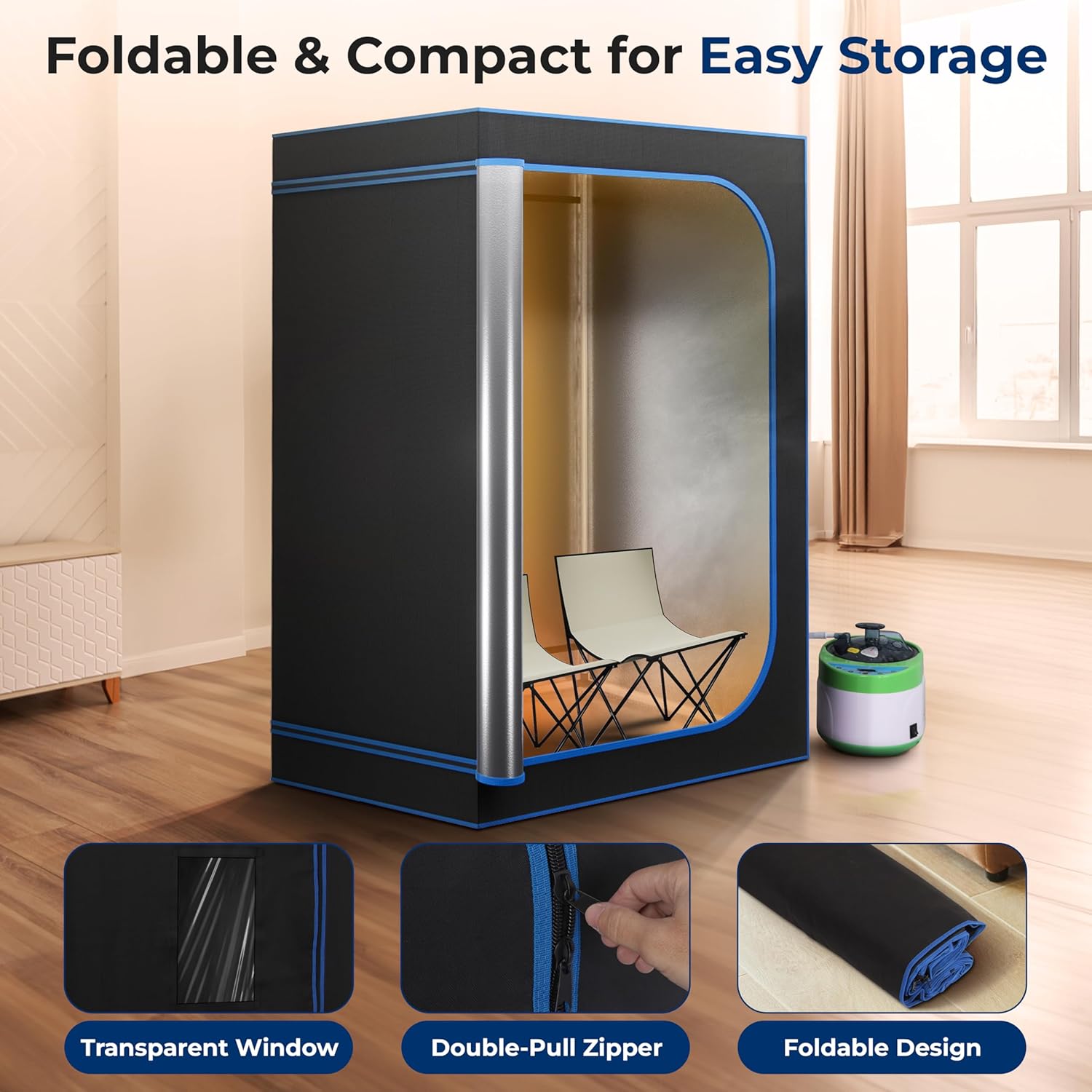 SereneLife Sauna Portable, pour Deux Personnes, Sauna Infrarouge, Thérapie du Corps et Relaxation, Tente Chauffante Mobile, Spa Maison avec Générateur de Vapeur, 2 Chaises pliables et Télécommande