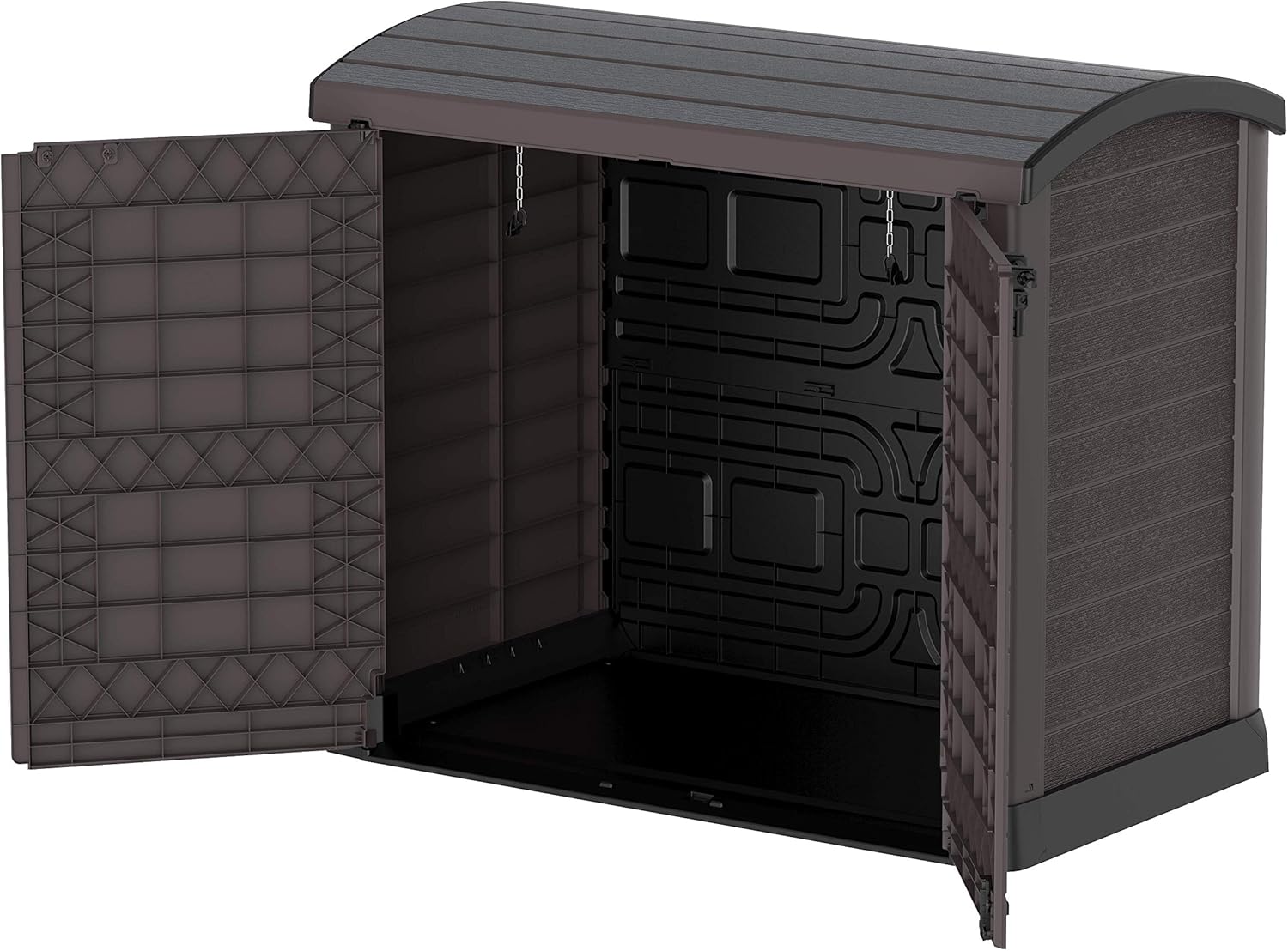 Duramax Cedargrain StoreAway 1200L Abri de jardin en plastique / couvercle arc, Abri pour poubelles, Cache poubelles, Coffre de poubelle, Idéal pour les 2x 240L poubelles, 145x85x125 cm, Marron