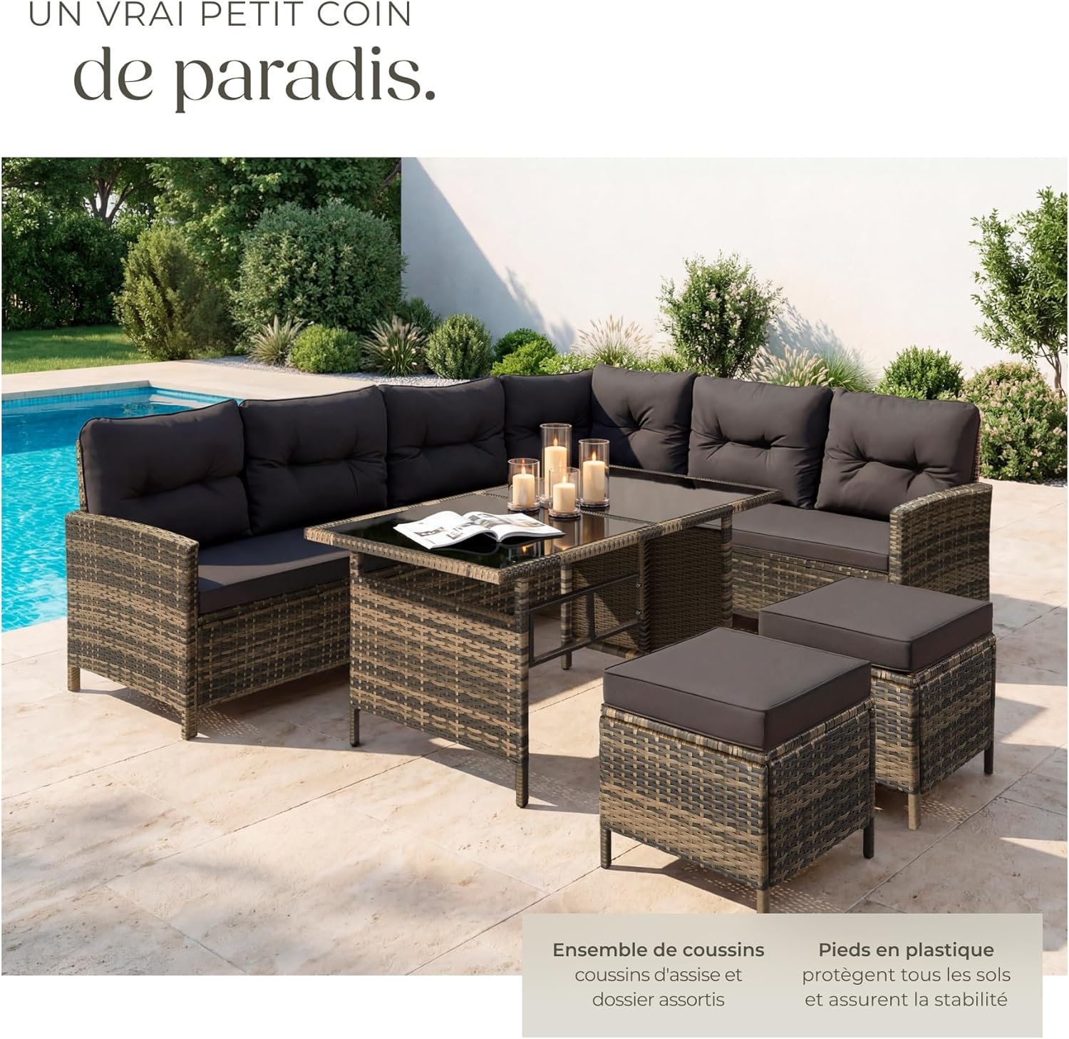 tectake - Salon de Jardin Modulable Angle - rotin - coussins inclus