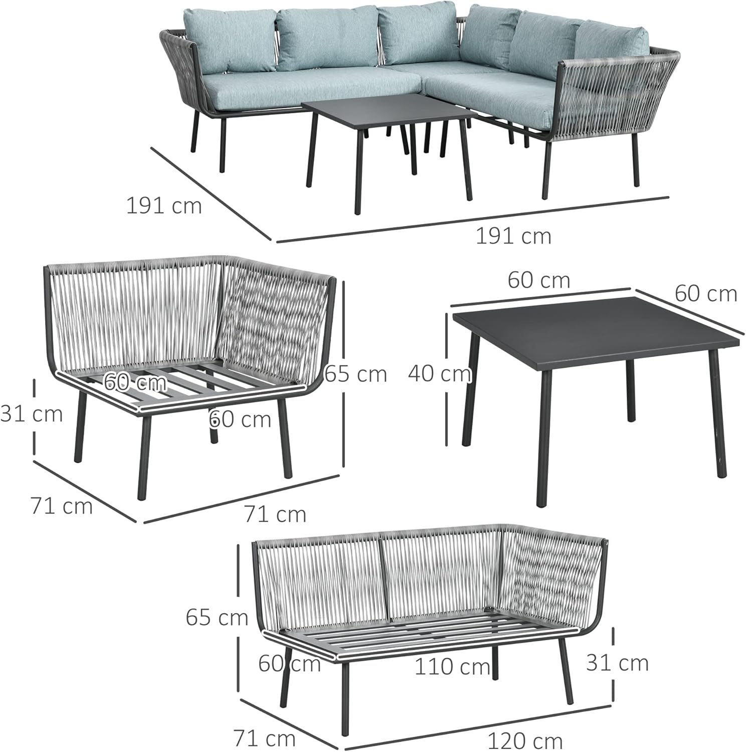 Outsunny - Salon de jardin d'angle résine tressée 4 places - alu, coussins inclus, gris