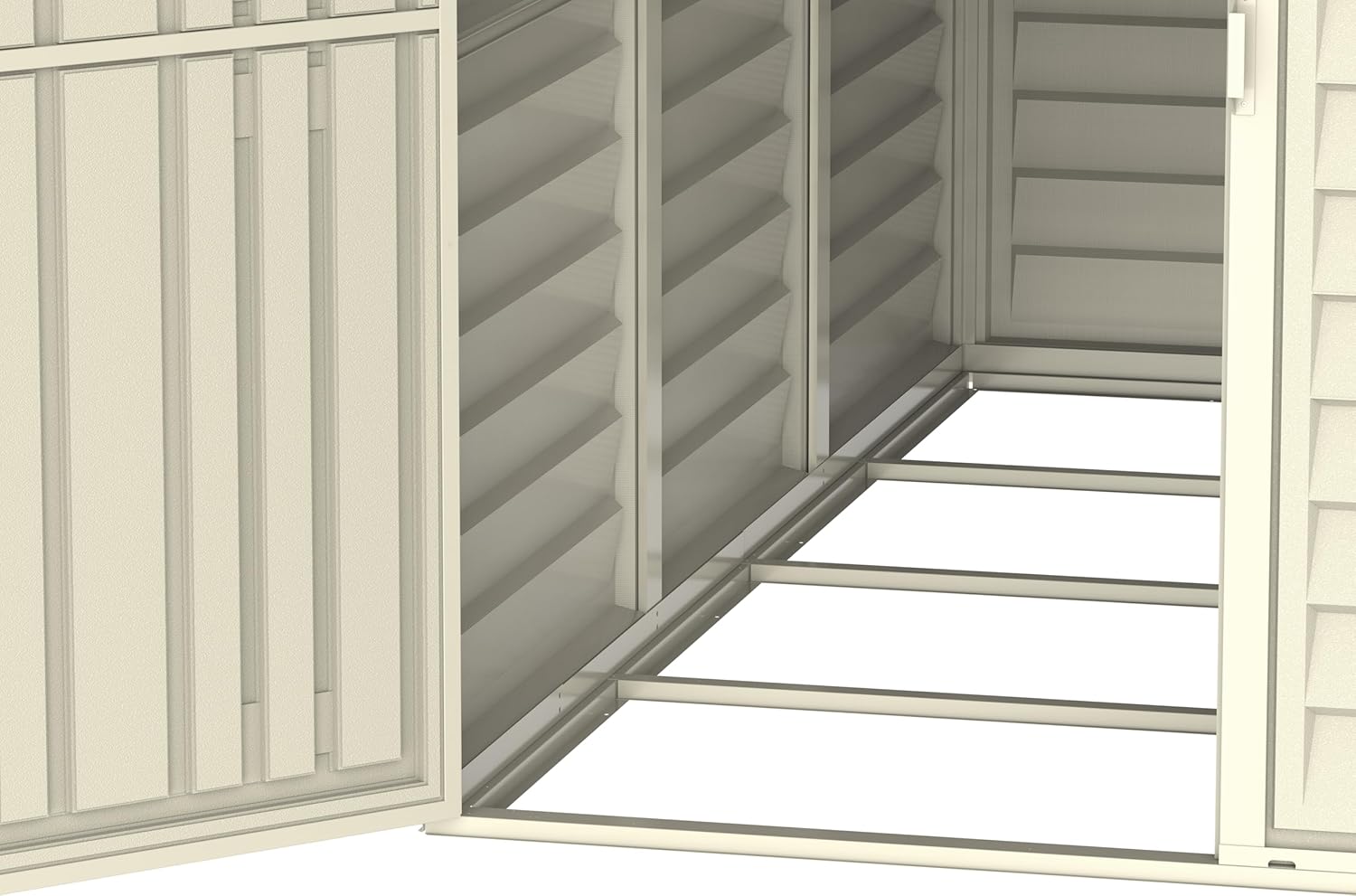 Duramax SideMate 4 x 8 (2.91 m²) abri de jardin en plastique avec kit de fondation en métal, porte réversible, structure de toit en métal robuste, abri en vinyle sans entretien - Ivoire