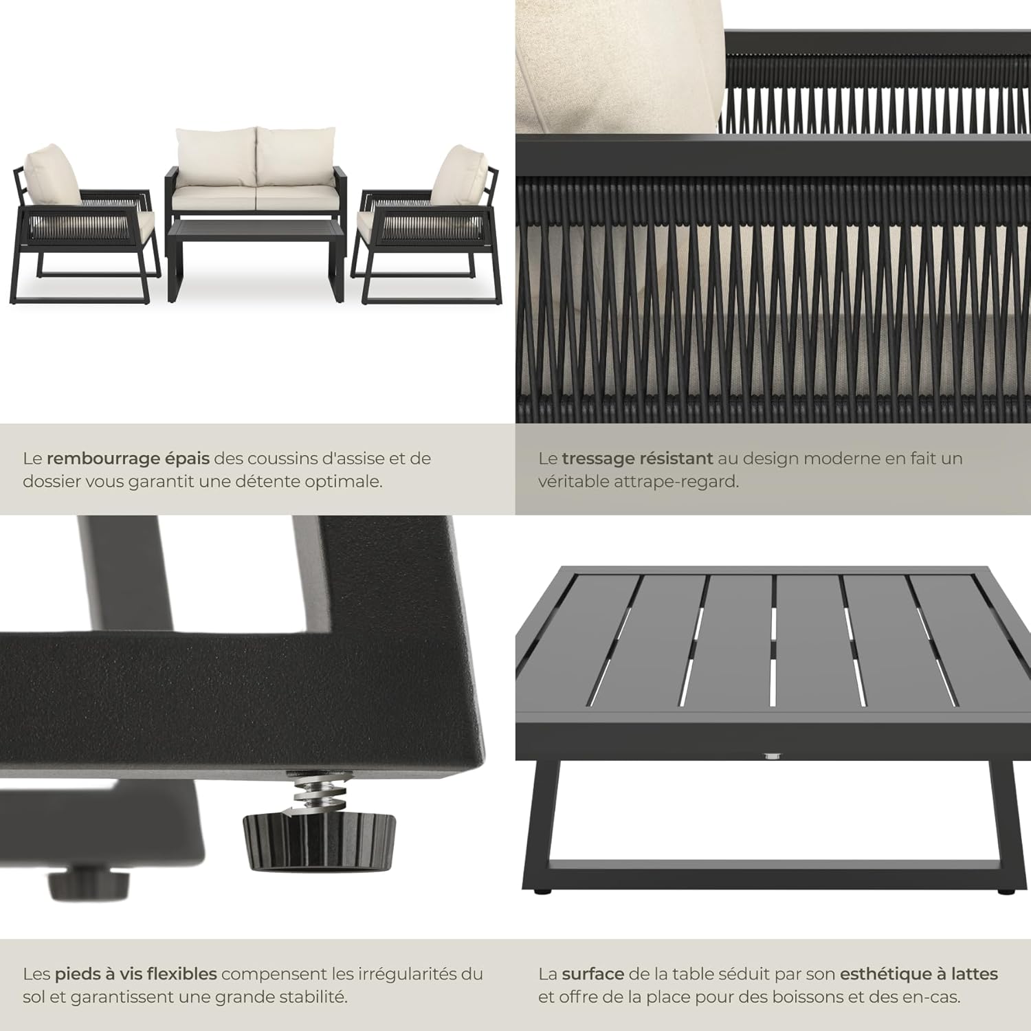 tectake - Salon jardin alu 4 places, canapé, fauteuils, table, coussins inclus