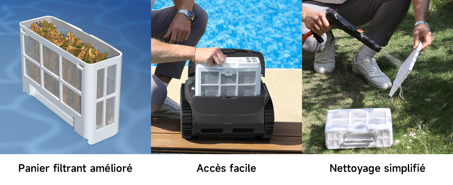 avec structure en grille et débris, illustré en trois panneaux : unité autonome, accès facile à la glacière et processus de nettoyage simplifié avec buse de pulvérisation.