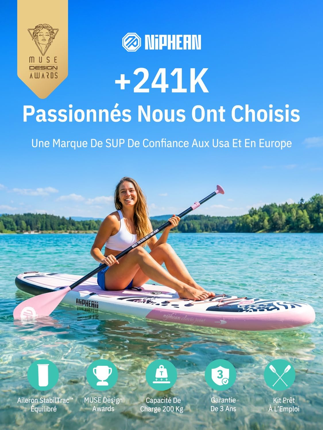 Niphean Paddle Gonflable Adulte avec Tous Les Accessoires, 320cm Planches de Stand Up Paddle Gonflables pour Tous Les Niveaux, Sup avec Capacité 200 kg pour 2 Personnes, Paddle Gonflable avec Siège